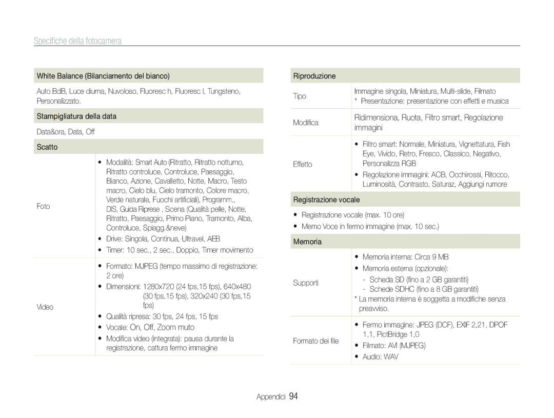 Samsung EC-PL21ZZBPSE3, EC-PL20ZZBPBE1, EC-PL20ZZBPPE1, EC-PL21ZZBPBE3, EC-PL21ZZBPPE1 manual Speciﬁche della fotocamera 