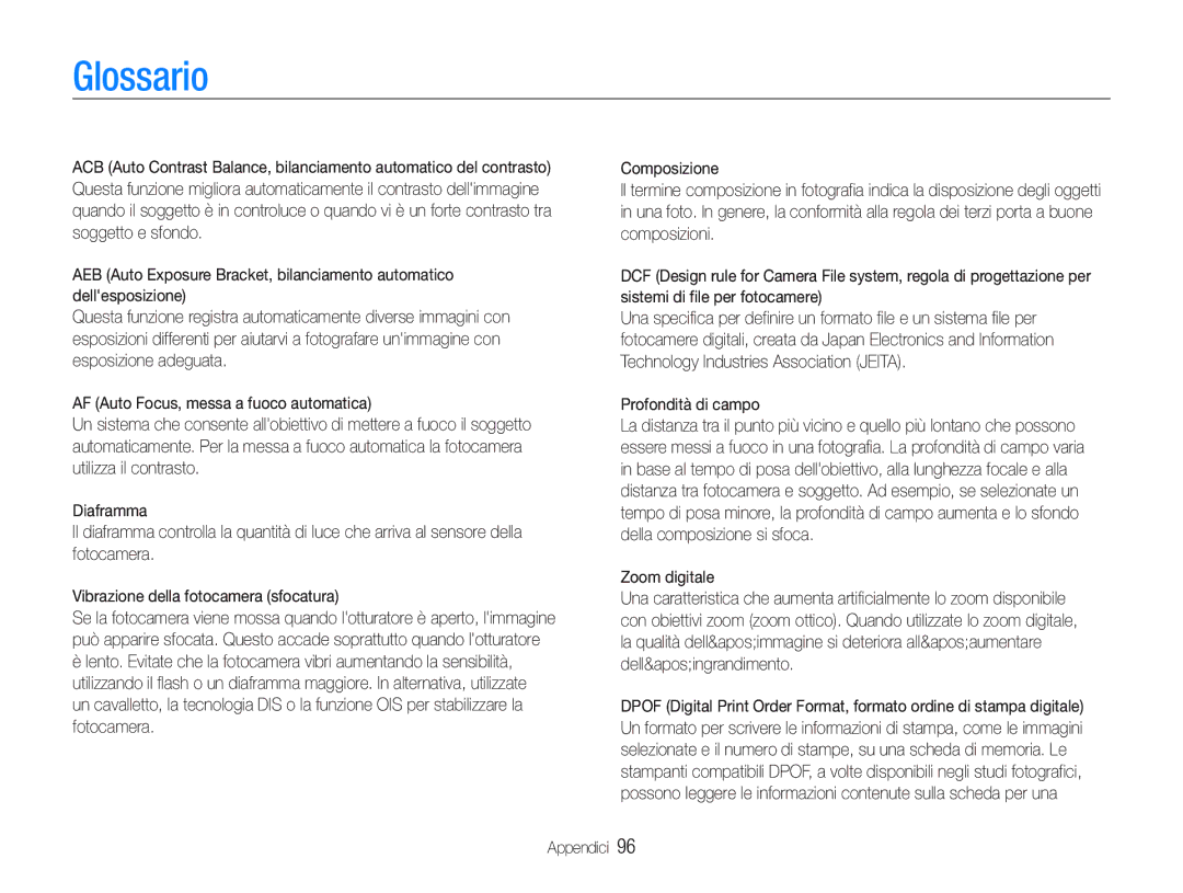 Samsung EC-PL20ZZBPPE1, EC-PL20ZZBPBE1, EC-PL21ZZBPBE3, EC-PL21ZZBPPE1, EC-PL20ZZBPSE1 manual Glossario, Profondità di campo 