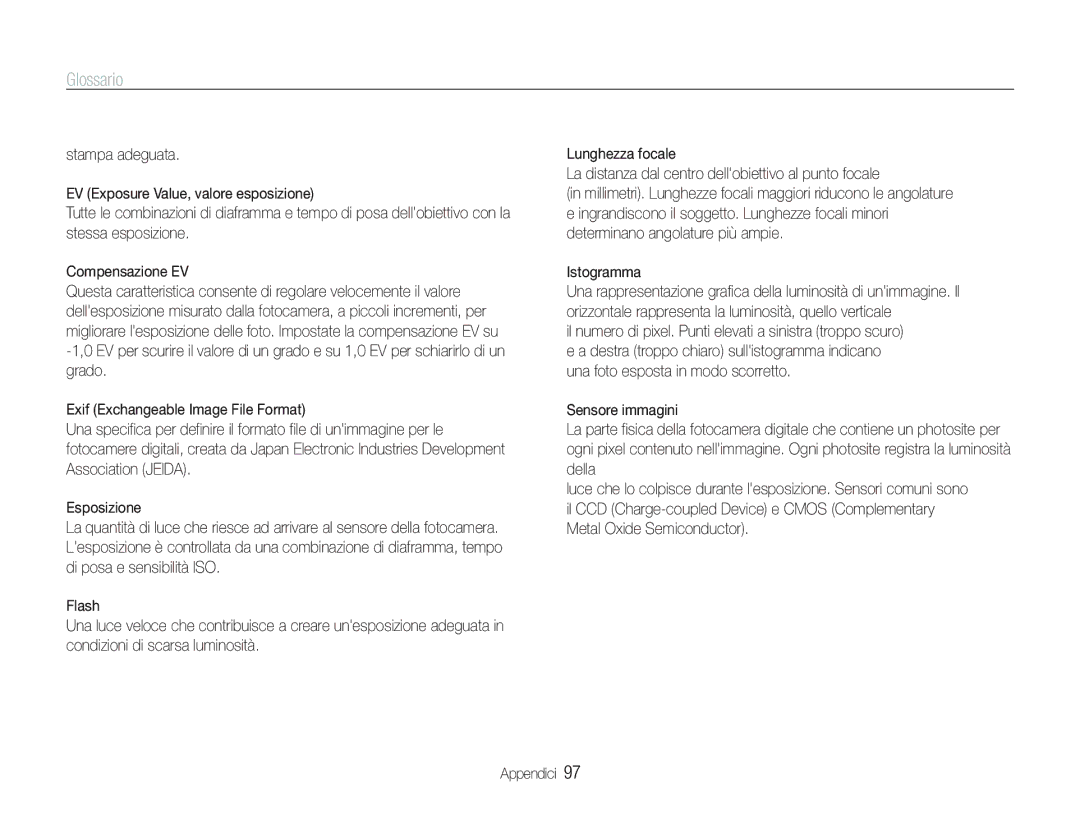 Samsung EC-PL21ZZBPBE3, EC-PL20ZZBPBE1, EC-PL20ZZBPPE1, EC-PL21ZZBPPE1, EC-PL20ZZBPSE1, EC-PL21ZZBPSE3 manual Glossario 