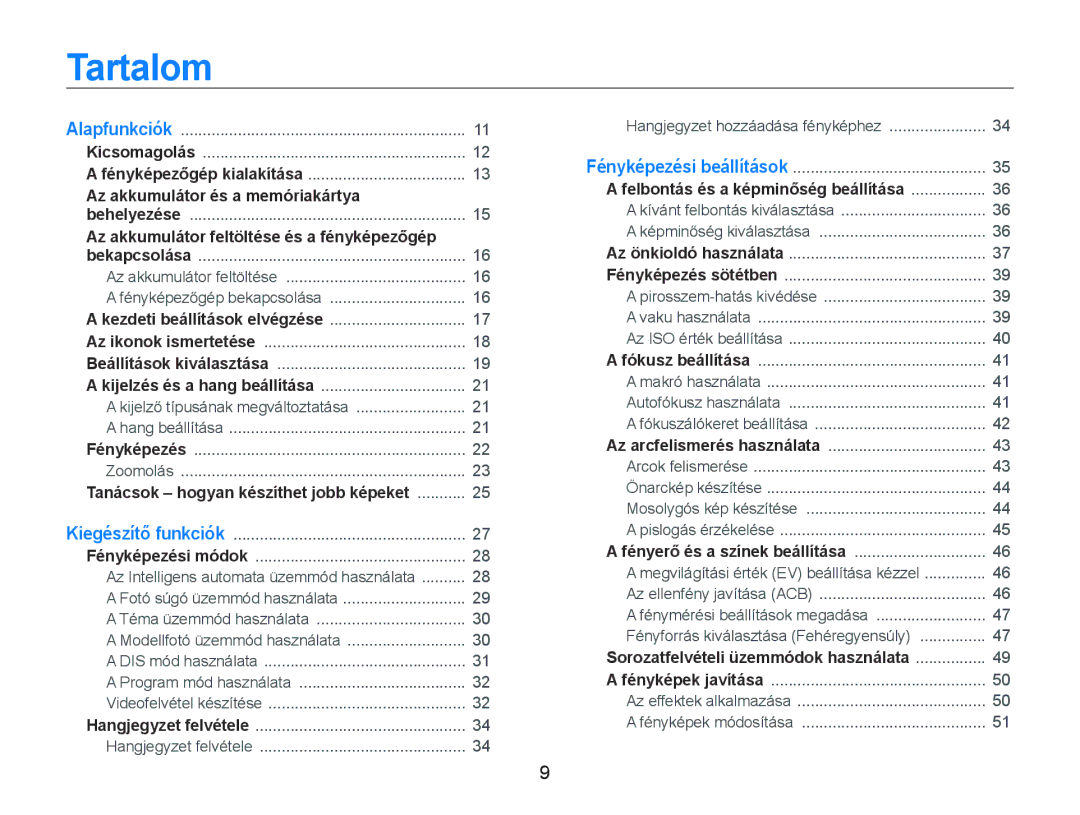 Samsung EC-PL20ZZBPBE1, EC-PL20ZZBPSE1, EC-PL21ZZBPBE2, EC-PL20ZZBPBE3 manual Tartalom, Az akkumulátor és a memóriakártya 