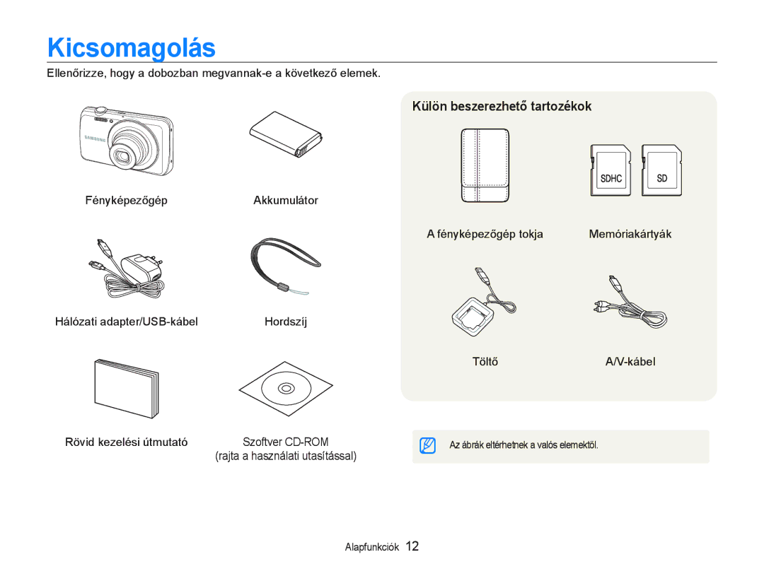 Samsung EC-PL20ZZBPBE3, EC-PL20ZZBPBE1, EC-PL20ZZBPSE1, EC-PL21ZZBPBE2 manual Kicsomagolás, Külön beszerezhető tartozékok 