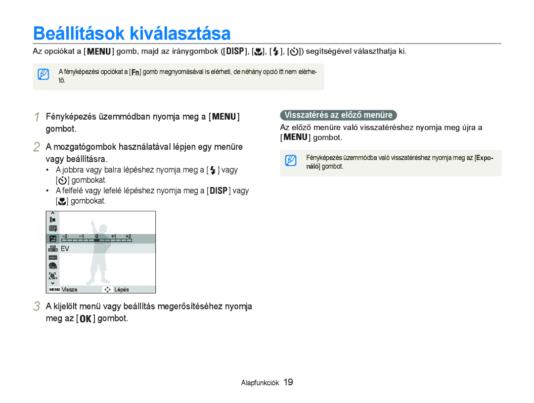 Samsung EC-PL20ZZBPBE1, EC-PL20ZZBPSE1 manual Beállítások kiválasztása, Meg az gomEoW, Visszatérés az előző menüre 