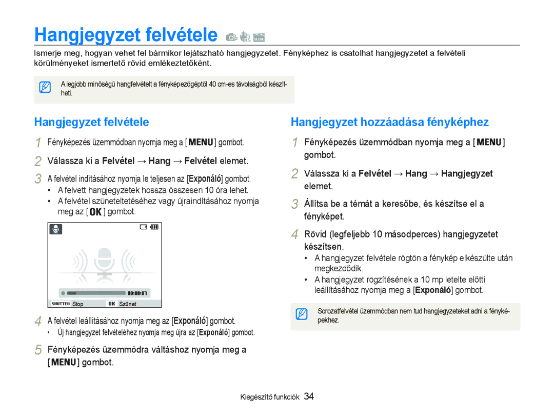 Samsung EC-PL20ZZBPPE3 Hangjegyzet felvétele, Hangjegyzet hozzáadása fényképhez, 9iOassza kL a Felvétel Hang Hangjegyzet 