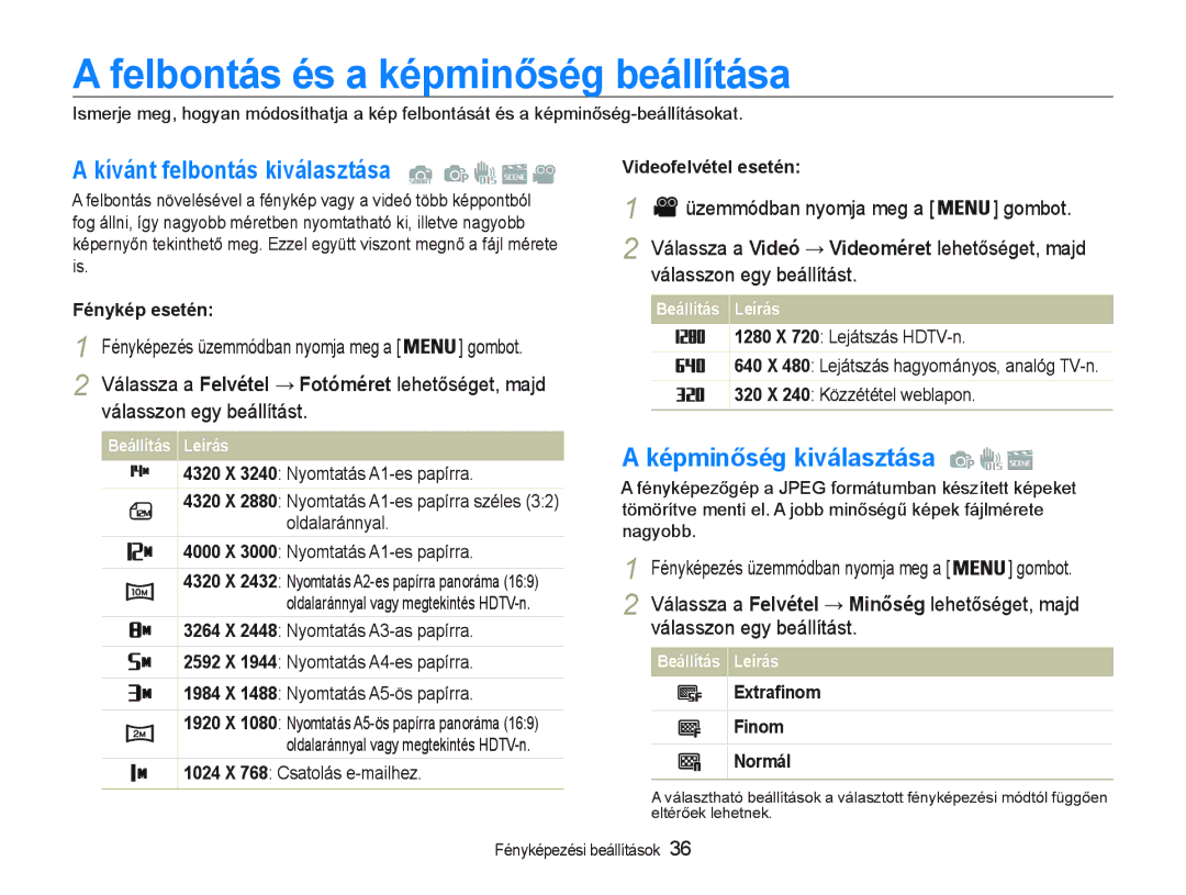 Samsung EC-PL21ZZBPPE2 manual Felbontás és a képminőség beállítása, Kívánt felbontás kiválasztása, Képminőség kiválasztása 