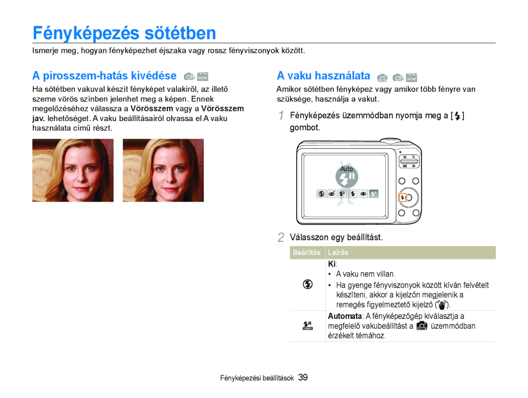 Samsung EC-PL20ZZBPBE1 manual Fényképezés sötétben, Pirosszem-hatás kivédése, Vaku használata, Ki, ‡ a Yaku nem YLOOan 