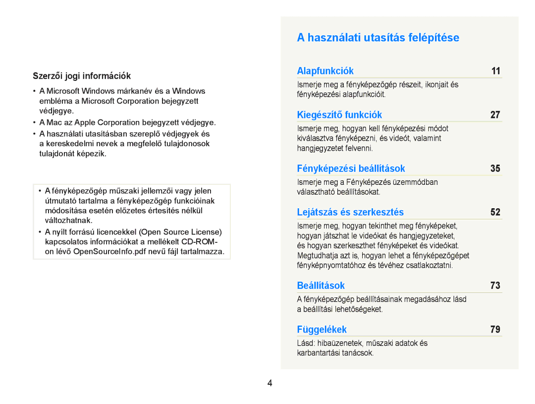 Samsung EC-PL20ZZBPPE3 manual Használati utasítás felépítése, Szerzői jogi információk, IpnykpSHzpsL aOaSIunkFLyLW 