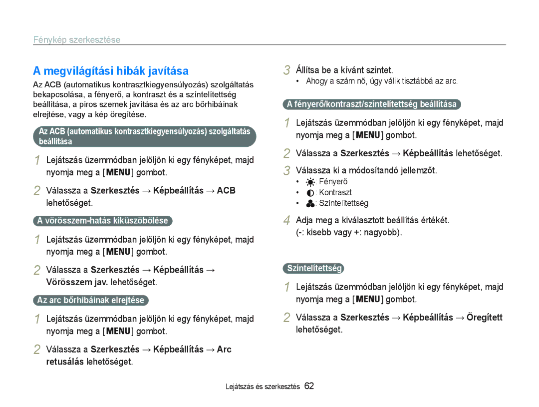 Samsung EC-PL20ZZBPBE3 manual Megvilágítási hibák javítása, Képbeállítás Vörösszem jav. OeheWĘségeW, Képbeállítás Arc 