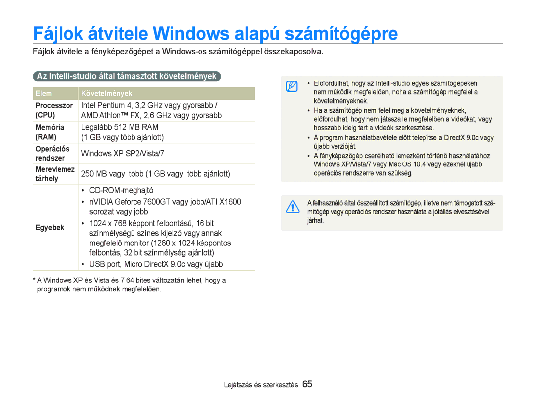 Samsung EC-PL20ZZBPRE3 manual Fájlok átvitele WindoZs alapú számítógépre, Az Intelli-studio által támasztott követelmények 