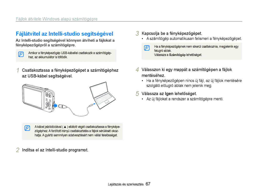 Samsung EC-PL20ZZBPPE2, EC-PL20ZZBPBE1 manual Fájlátvitel az Intelli-studio segítségével, KapFsoOja Ee a fényképezĘgépeW 