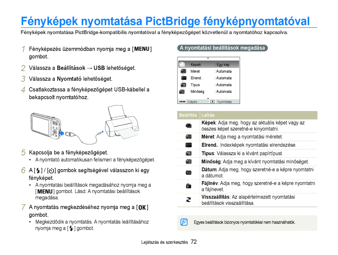 Samsung EC-PL20ZZBPBE3 manual Fényképek nyomtatása PictBridge fényképnyomtatóval, 9iOassza a Nyomtató OeheWĘségeW 