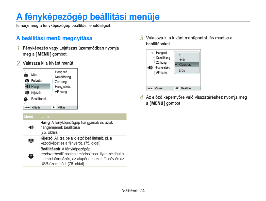 Samsung EC-PL20ZZBPPE3, EC-PL20ZZBPBE1 manual Fényképezőgép beállítási menüje, Beállítási menü megnyitása, Menü Leírás 