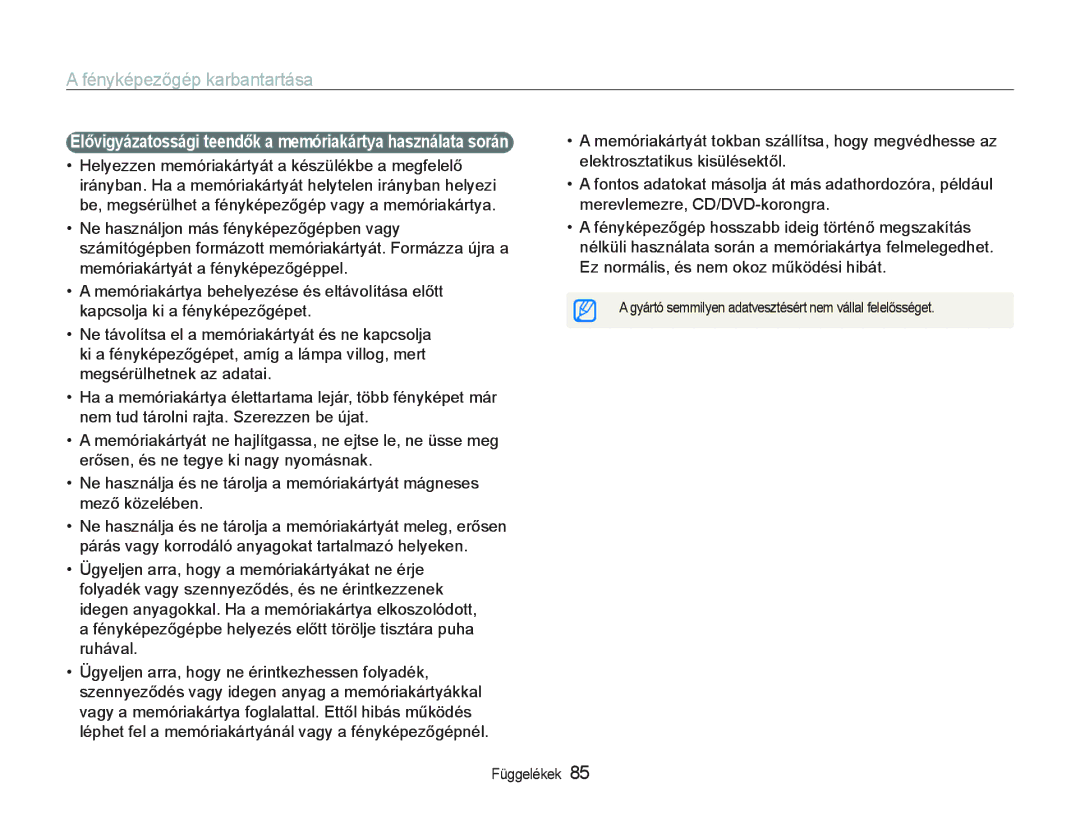 Samsung EC-PL20ZZBPRE3, EC-PL20ZZBPBE1, EC-PL20ZZBPSE1 Elővigyázatossági teendők a memóriakártya használata során, UuhiYaO 