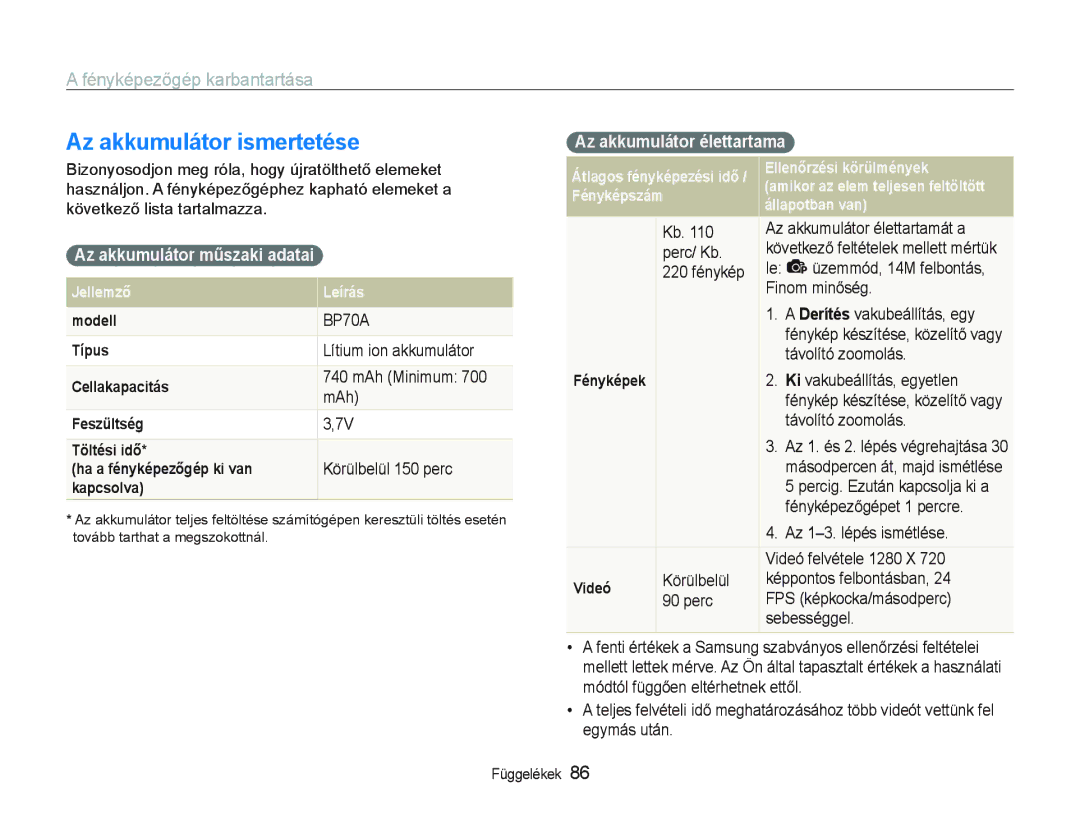 Samsung EC-PL21ZZBPPE2 manual Az akkumulátor ismertetése, Az akkumulátor műszaki adatai, Az akkumulátor élettartama 