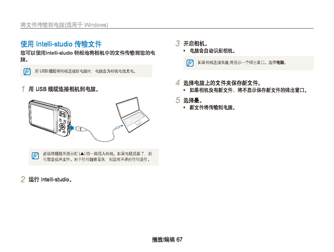 Samsung EC-PL20ZZBPPE2 使用 Intelli-studio 传输文件, 1 用 USB 线缆连接相机到电脑。, 2 运行 Intelli-studio。, 开启相机。, 选择电脑上的文件夹保存新文件。, 选择是。 