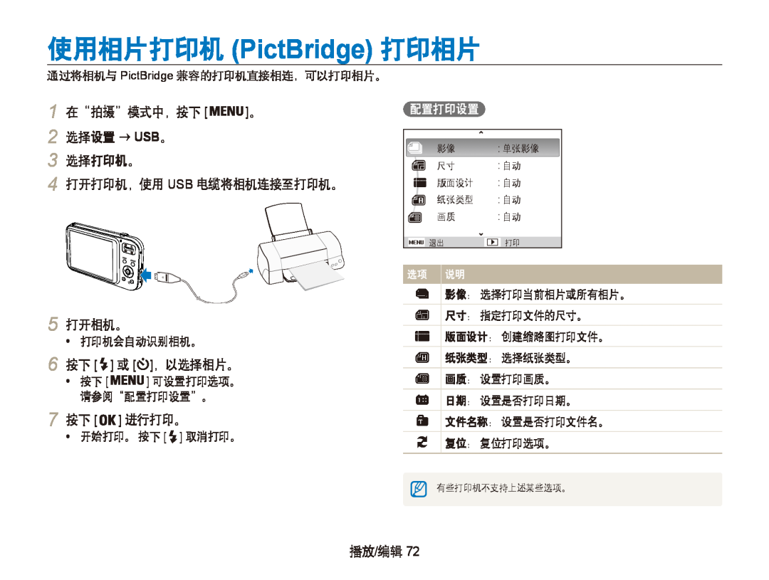 Samsung EC-PL20ZZBPBE3 1 在“拍摄”模式中，按下 。 2 选择设置 → USB。 3 选择打印机。 4 打开打印机，使用 USB 电缆将相机连接至打印机。, 5 打开相机。, 进行打印。, 打印机会自动识别相机。 