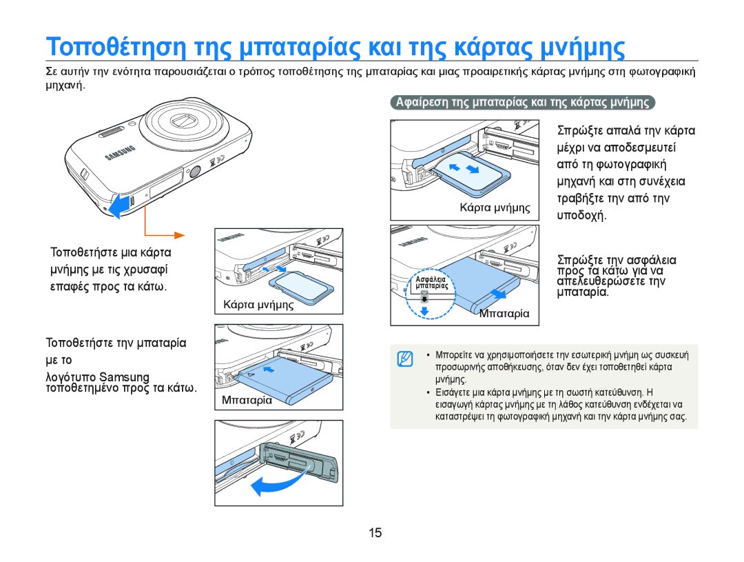 Samsung EC-PL20ZZBPBE3, EC-PL20ZZBPSE3, EC-PL20ZZBPPE3, EC-PL20ZZBPRE3 manual ȈȠπȠθȑτηση της μπαταρȓας καȚ της κȐρτας μȞȒμης 