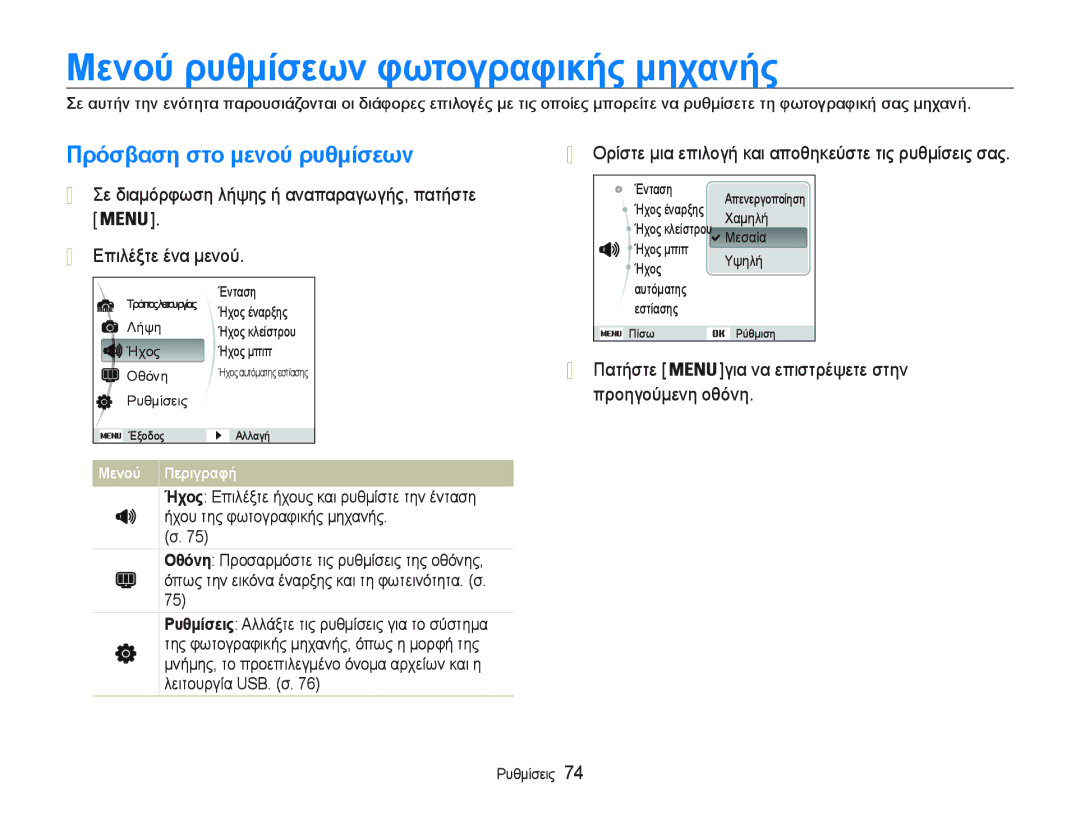 Samsung EC-PL20ZZBPRE3 manual ȂεȞȠȪ ρυθμȓσεωȞ φωτȠγραφȚκȒς μηχαȞȒς, Πρȩσβαση στȠ μεȞȠȪ ρυθμȓσεωȞ, ɅȡȠȘȖȠȪȝİȞȘȠșȩȞȘ 