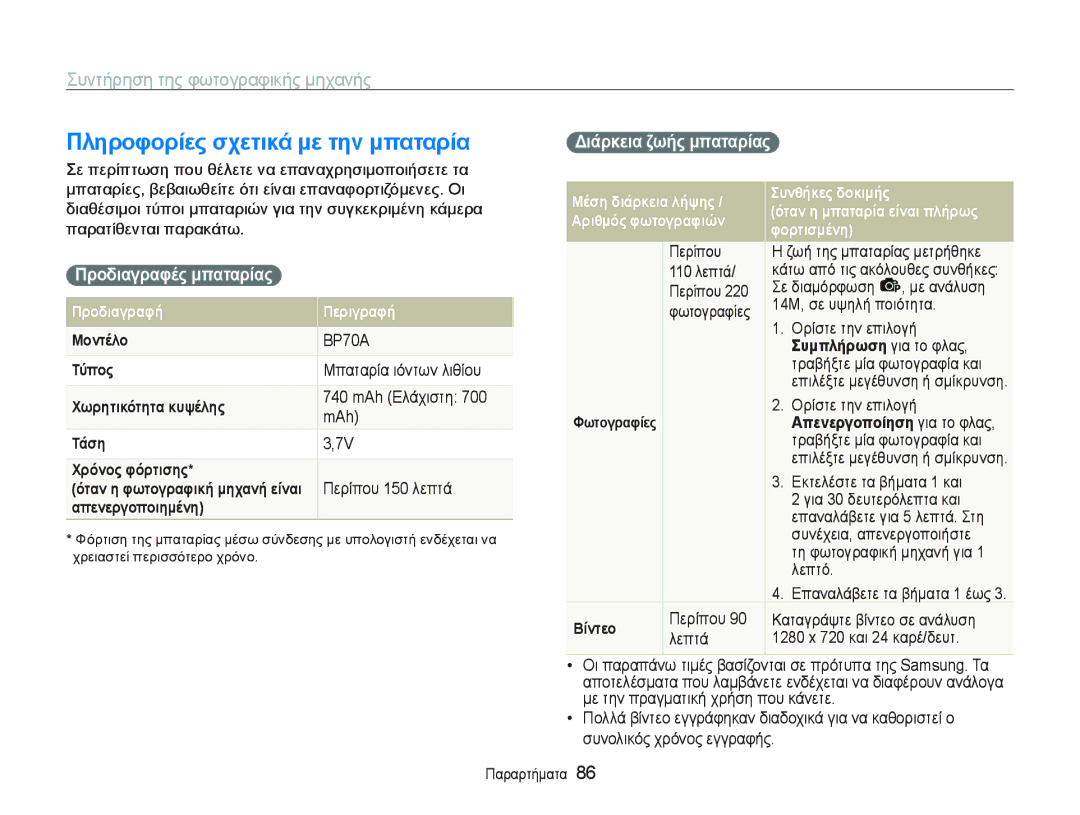 Samsung EC-PL20ZZBPRE3 manual ΠληρȠφȠρȓες σχετȚκȐ με τηȞ μπαταρȓα, ΠρȠδȚαγραφȑς μπαταρȓας, ΔȚȐρκεȚα ζωȒς μπαταρȓας 