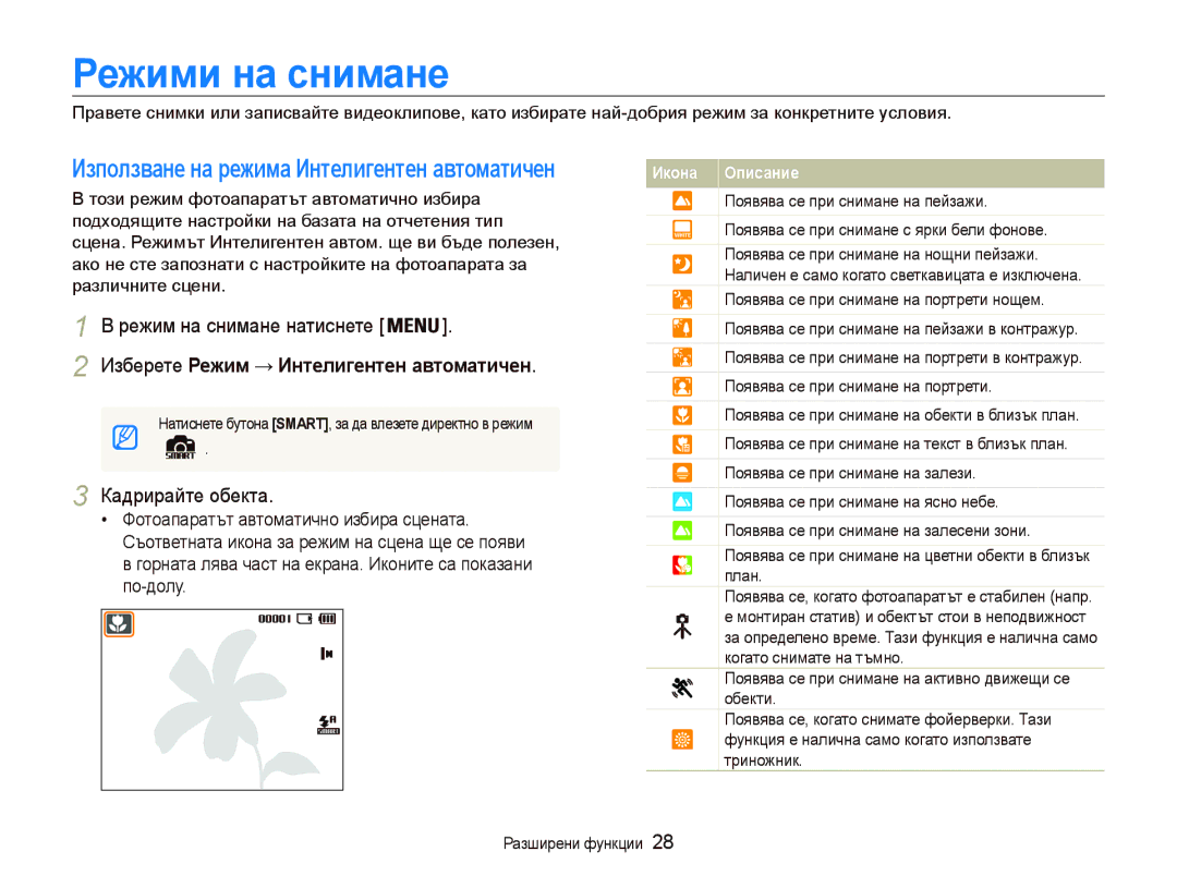 Samsung EC-PL20ZZBPSE3, EC-PL20ZZBPBE3 manual Ɋɟжими нɚ ɫнимɚнɟ, ɁɡɛɟɪɟɬɟɊɟжим Интɟлигɟнтɟн ɚвтɨмɚтичɟн 