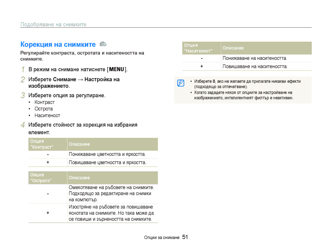 Samsung EC-PL20ZZBPBE3 Кɨɪɟкция нɚ ɫнимкитɟ , Ɉɨɞɨɛɪɹɜɚɧɟɧɚɫɧɢɦɤɢɬɟ, Ɂɡɛɟɪɟɬɟɋнимɚнɟ ɇɚɫтɪɨɣкɚ нɚ Иɡɨбɪɚжɟниɟтɨ 