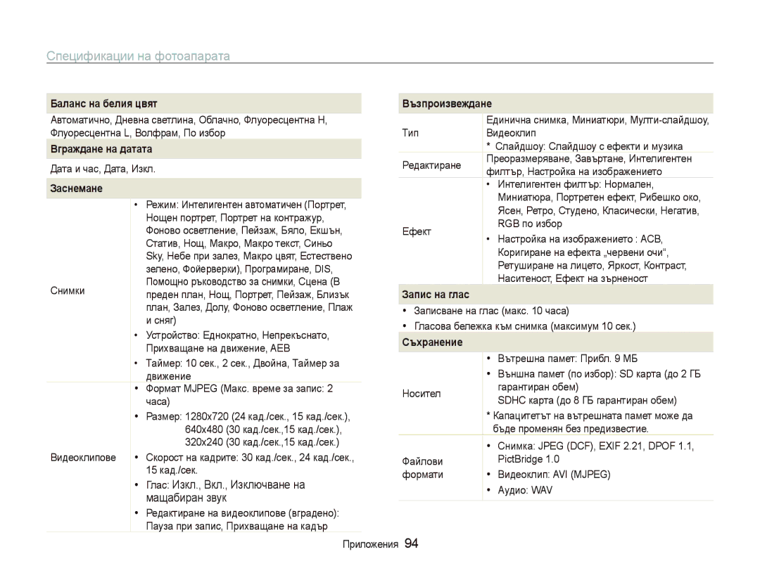 Samsung EC-PL20ZZBPSE3 Ɋɩɟɰɢɮɢɤɚɰɢɢɧɚɮɨɬɨɚɩɚɪɚɬɚ, Бɚлɚнɫ нɚ бɟлия цвят, Ȼгɪɚждɚнɟ нɚ дɚтɚтɚ, Зɚпиɫ нɚ глɚɫ, Ɋъɯɪɚнɟниɟ 