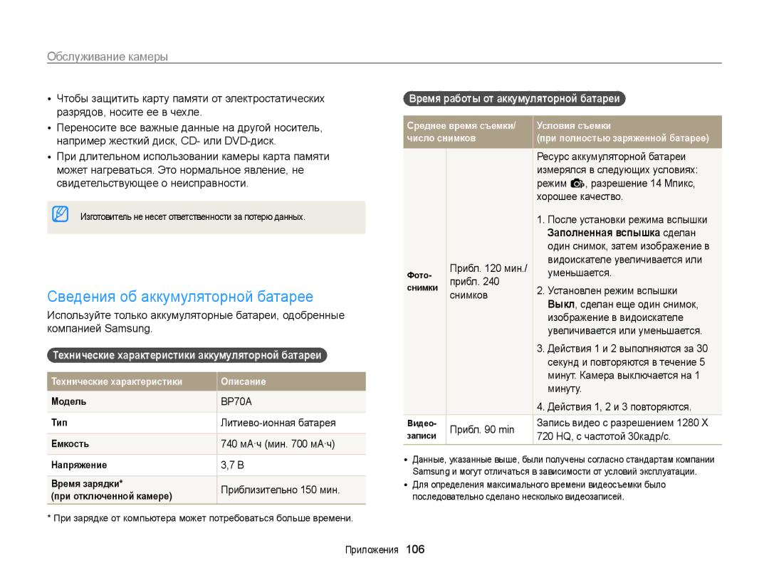 Samsung EC-PL210ZBPBRU manual Сведения об аккумуляторной батарее, Технические характеристики аккумуляторной батареи 