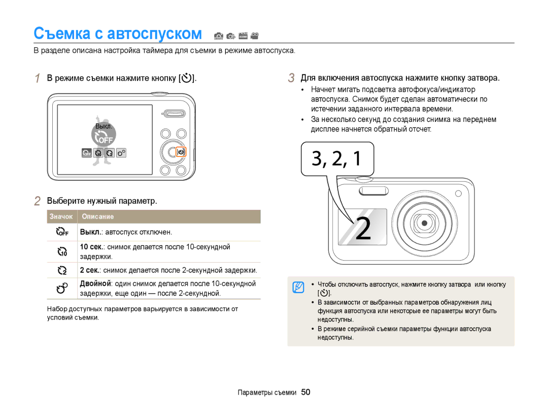 Samsung EC-PL20ZZBPPRU, EC-PL20ZZBPBRU, EC-PL120ZFPBRU manual Съемка с автоспуском S p s, Режиме съемки нажмите кнопку t 