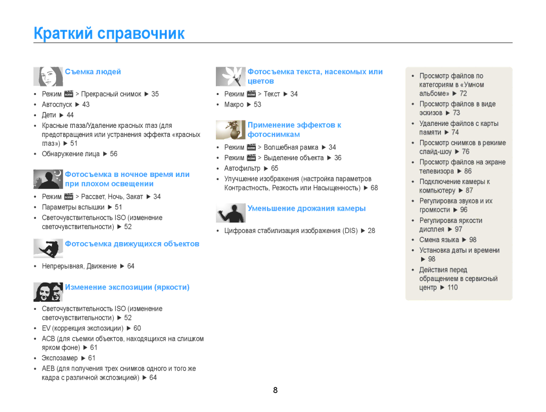 Samsung EC-PL120ZBPSRU, EC-PL20ZZBPBRU, EC-PL120ZFPBRU, EC-PL20ZZBPSRU, EC-PL20ZZBPSE2 manual Краткий справочник, Съемка людей 