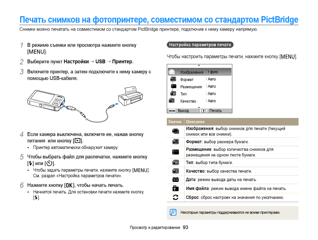 Samsung EC-PL210ZBPBE2 manual Режиме съемки или просмотра нажмите кнопку, Выберите пункт Настройки “ USB “ Принтер 