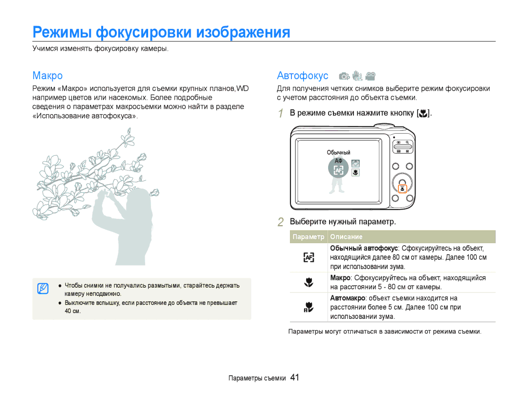 Samsung EC-PL20ZZBPBRU manual Ɋɟжимы фɨкɭɫиɪɨвки иɡɨбɪɚжɟния, Ɇɚɤɪɨ, Ⱥɜɬɨɮɨɤɭɫ  , Ɍɱɢɦɫɹɢɡɦɟɧɹɬɶɮɨɤɭɫɢɪɨɜɤɭɤɚɦɟɪɵ 