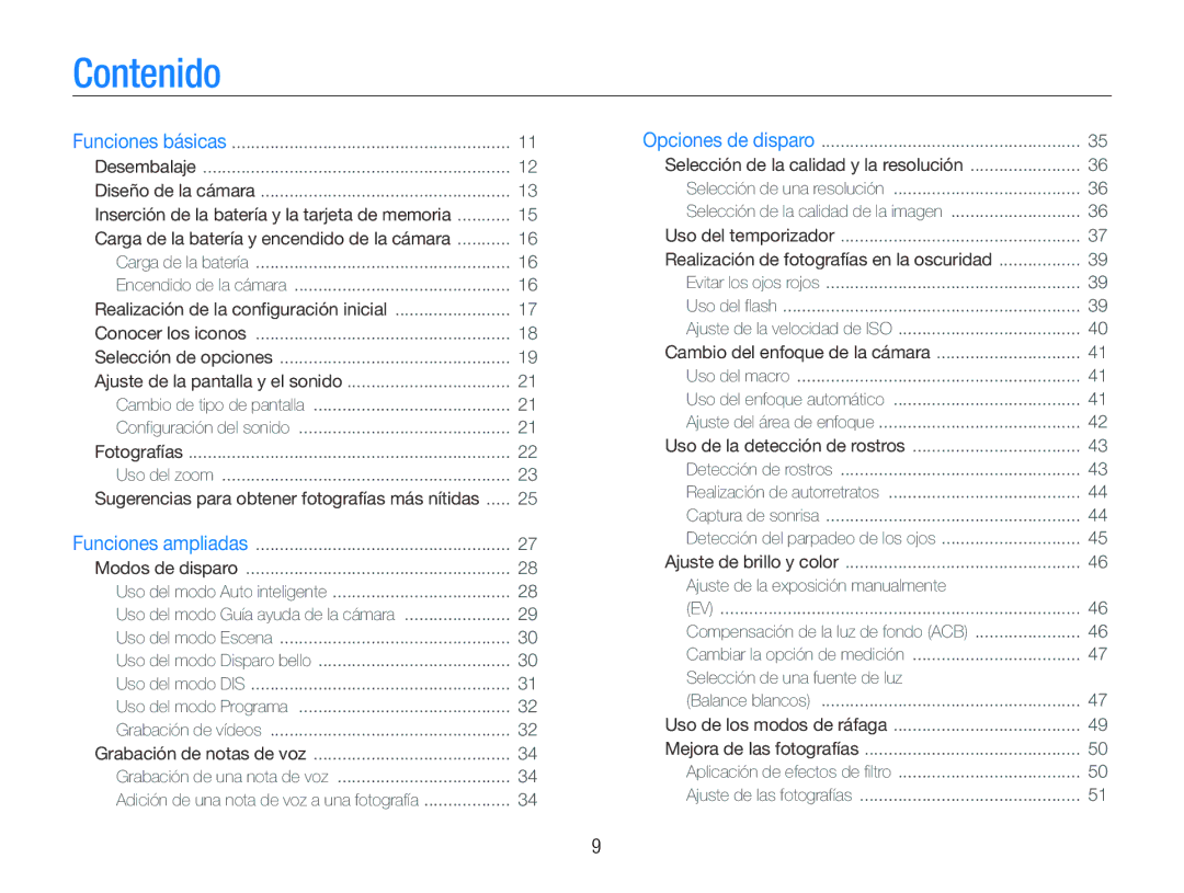 Samsung EC-PL21ZZBPPE1, EC-PL20ZZBPRE1, EC-PL20ZZBPBE1 manual Contenido, Carga de la batería y encendido de la cámara 