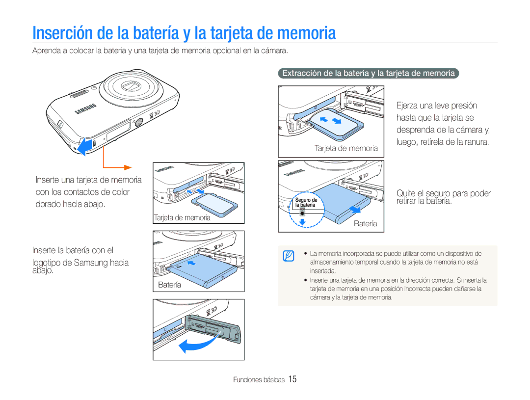 Samsung EC-PL20ZZBPPE1 Inserción de la batería y la tarjeta de memoria, Extracción de la batería y la tarjeta de memoria 