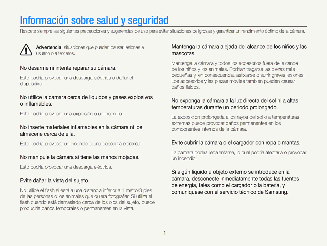 Samsung EC-PL20ZZBPPE1, EC-PL20ZZBPRE1 manual Información sobre salud y seguridad, No desarme ni intente reparar su cámara 