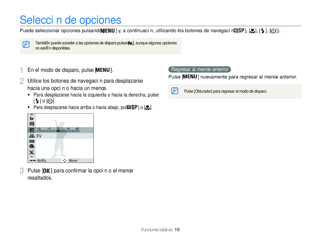 Samsung EC-PL21ZZBPBE2 manual Selección de opciones, En el modo de disparo, pulse, Resaltados, Regresar al menú anterior 