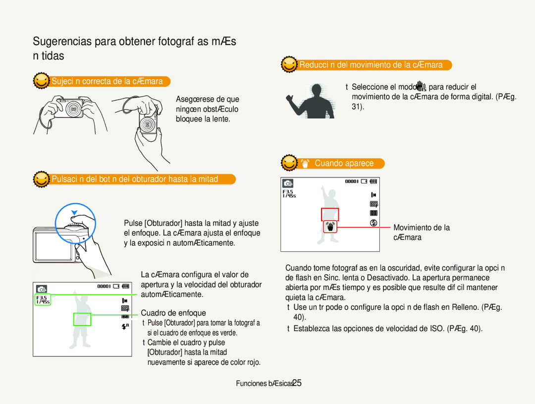 Samsung EC-PL21ZZBPBE1 Sujeción correcta de la cámara, Pulsación del botón del obturador hasta la mitad, Cuando aparece 