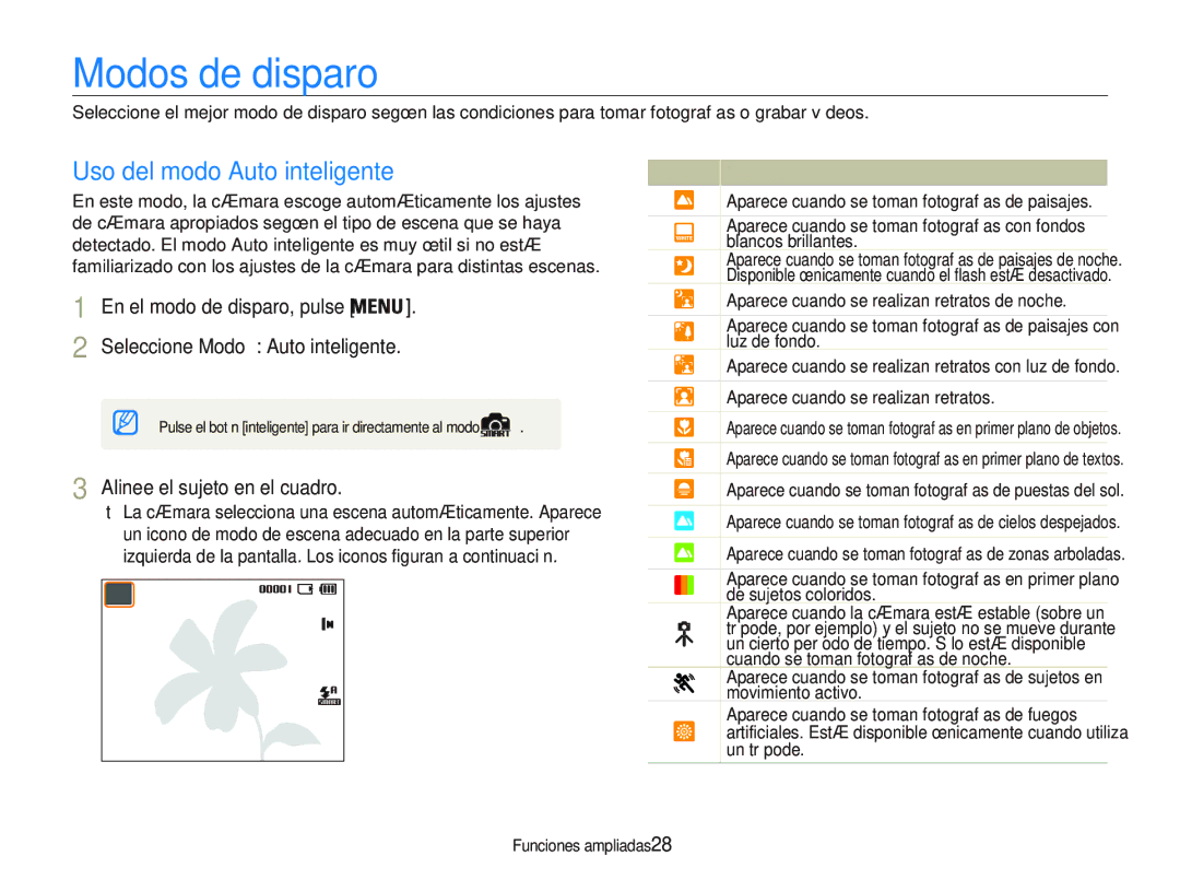 Samsung EC-PL20ZZBPBE1, EC-PL20ZZBPRE1 manual Modos de disparo, Uso del modo Auto inteligente, Alinee el sujeto en el cuadro 