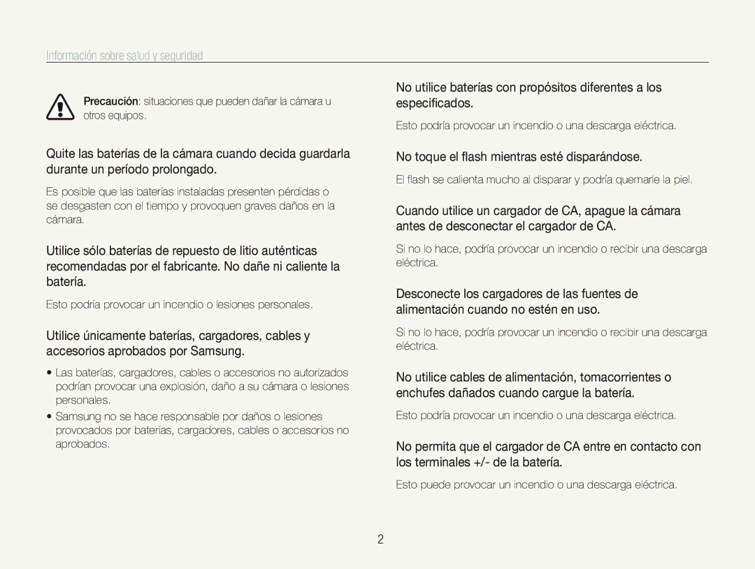 Samsung EC-PL21ZZBPPE1 Información sobre salud y seguridad, Especificados, No toque el flash mientras esté disparándose 