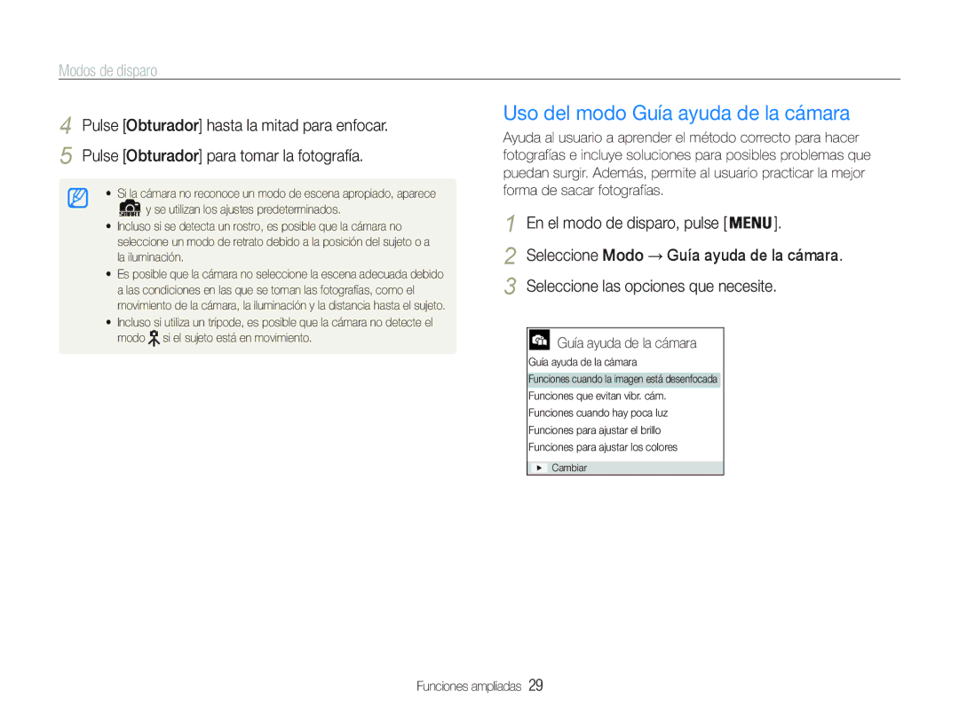 Samsung EC-PL20ZZBPPE1 manual Uso del modo Guía ayuda de la cámara, Modos de disparo, Seleccione las opciones que necesite 