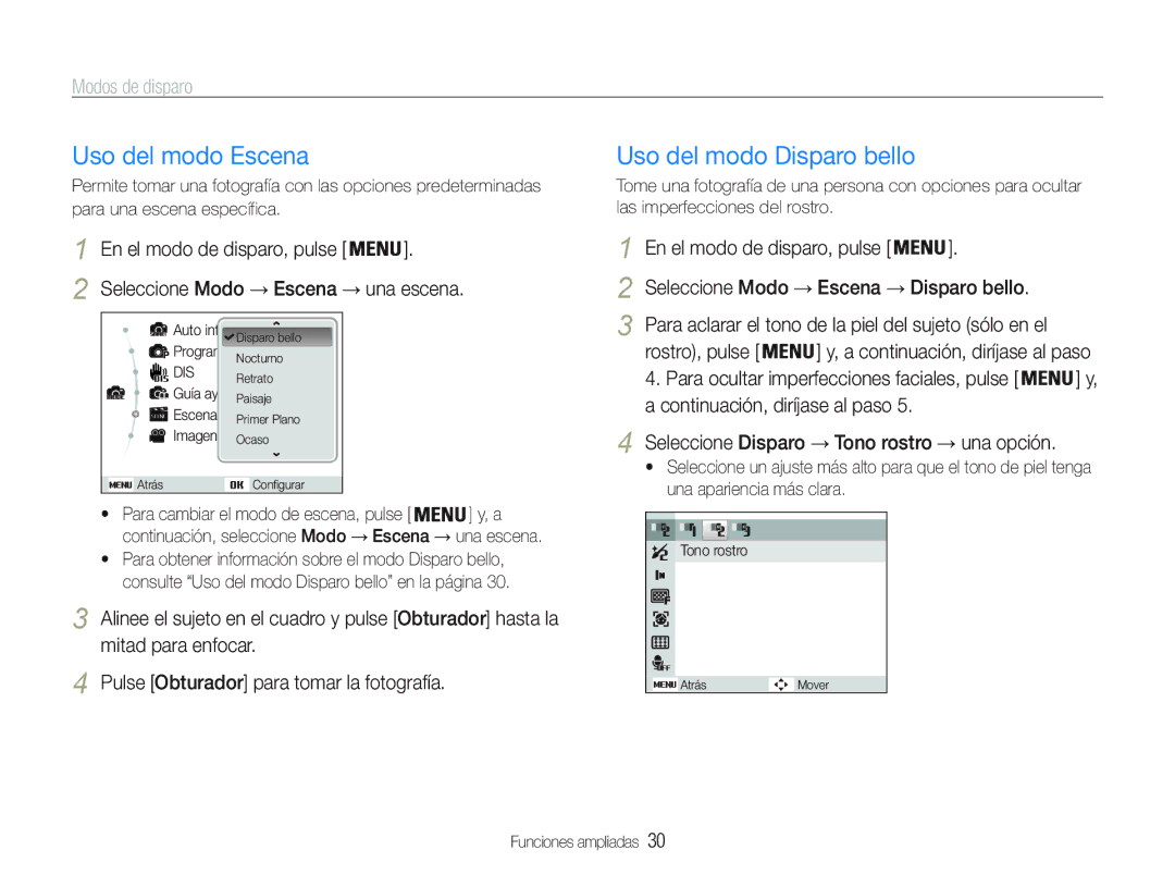 Samsung EC-PL21ZZBPPE1 Uso del modo Escena, Uso del modo Disparo bello, Seleccione Modo Escena, Seleccione Modo Escena 