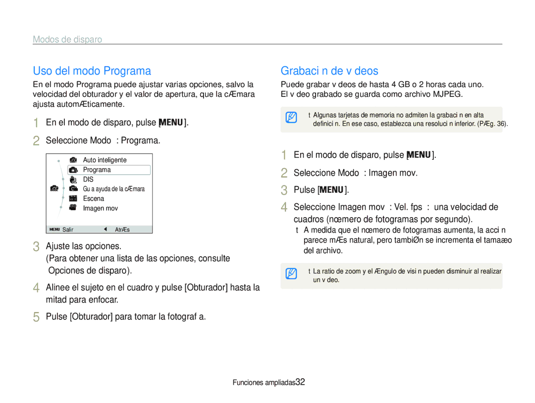 Samsung EC-PL21ZZBPBE1, EC-PL20ZZBPRE1, EC-PL20ZZBPBE1 manual Uso del modo Programa, Grabación de vídeos, Ajuste las opciones 