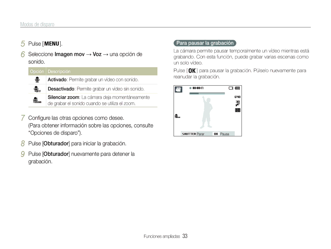 Samsung EC-PL21ZZBPBE2 manual Pulse Seleccione Imagen mov Voz una opción de, Para pausar la grabación, Sonido, Opción 