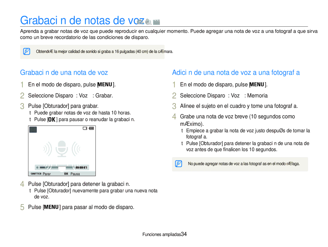 Samsung EC-PL20ZZBPRE1, EC-PL20ZZBPBE1, EC-PL20ZZBPPE1 manual Grabación de notas de voz, Grabación de una nota de voz 