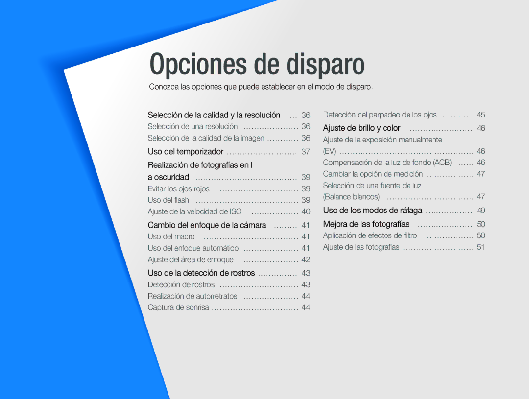 Samsung EC-PL20ZZBPBE1, EC-PL20ZZBPRE1, EC-PL20ZZBPPE1 manual Opciones de disparo, Uso de la detección de rostros …………… 