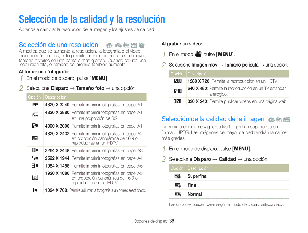 Samsung EC-PL20ZZBPPE1, EC-PL20ZZBPRE1 Selección de la calidad y la resolución, Selección de una resolución, En el modo 