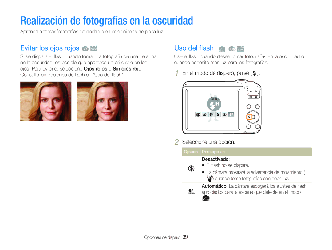 Samsung EC-PL21ZZBPBE1, EC-PL20ZZBPRE1 Realización de fotografías en la oscuridad, Evitar los ojos rojos, Uso del flash 