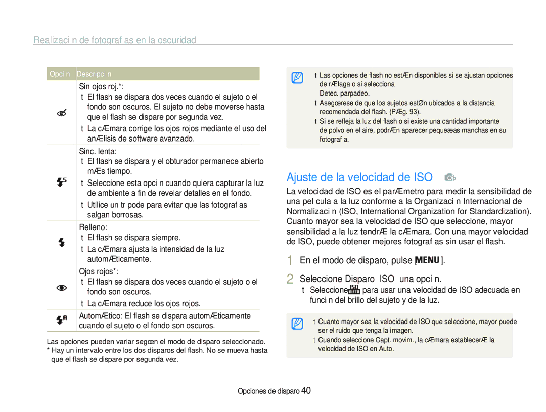 Samsung EC-PL21ZZBPBE2 Ajuste de la velocidad de ISO, Realización de fotografías en la oscuridad, Seleccione Disparo ISO 