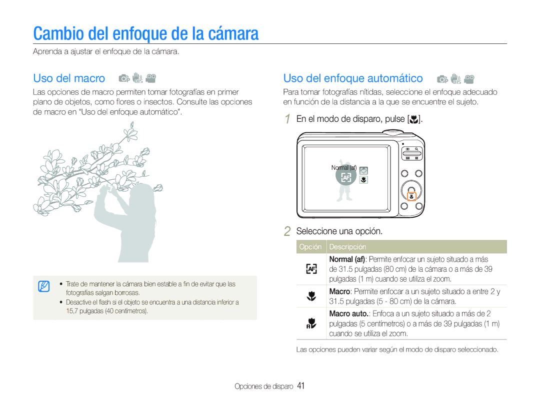 Samsung EC-PL20ZZBPRE1, EC-PL20ZZBPBE1 manual Cambio del enfoque de la cámara, Uso del macro, Uso del enfoque automático 