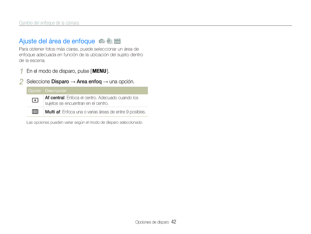 Samsung EC-PL20ZZBPBE1, EC-PL20ZZBPRE1, EC-PL20ZZBPPE1 manual Ajuste del área de enfoque, Cambio del enfoque de la cámara 