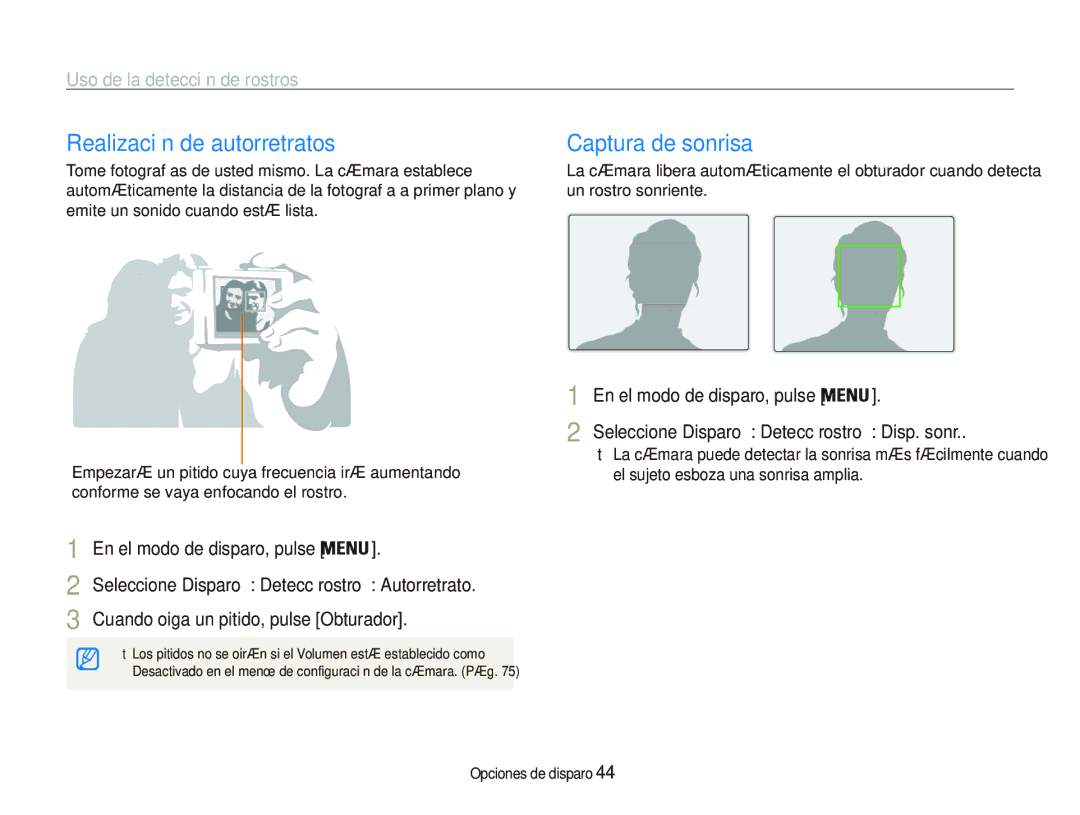 Samsung EC-PL21ZZBPPE1, EC-PL20ZZBPRE1 Realización de autorretratos, Captura de sonrisa, Uso de la detección de rostros 