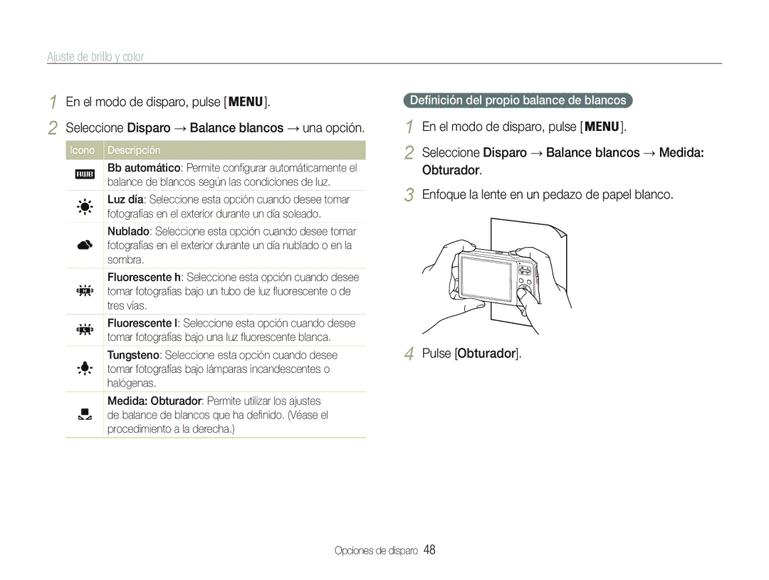 Samsung EC-PL20ZZBPRE1 manual Definición del propio balance de blancos, Enfoque la lente en un pedazo de papel blanco 